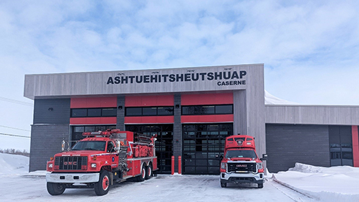 In front of the new Pekuakamiulnuatsh First Nation fire hall, named Ashtuehitsheutshuap.