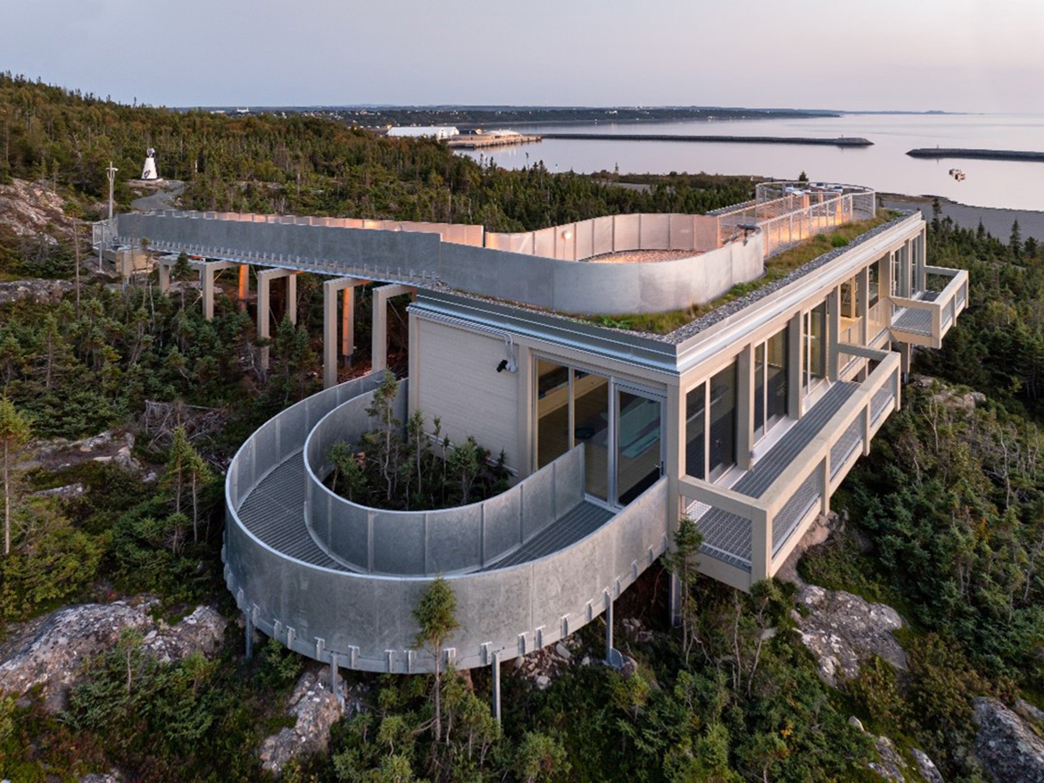 The building for observing marine mammals blends into the landscape, offering a stunning view of the St. Lawrence River.